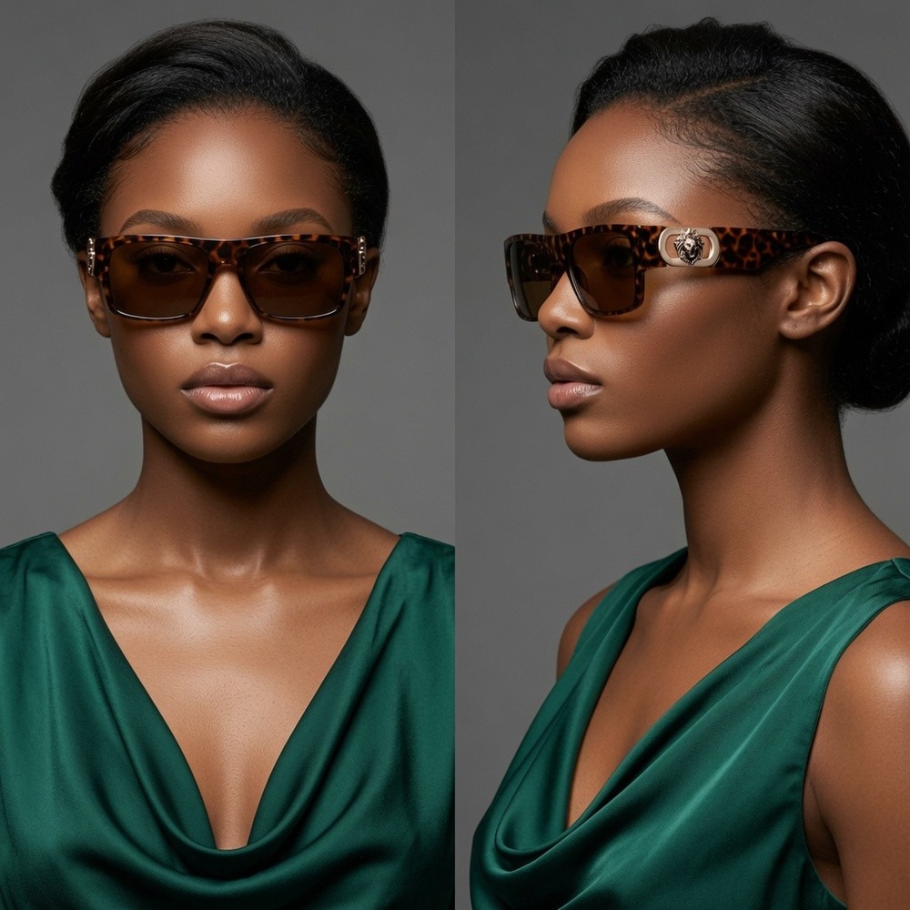 Womens Rectangular Tortoise Shell Sunglasses Gold Flat Top Brown Lens Luxury New